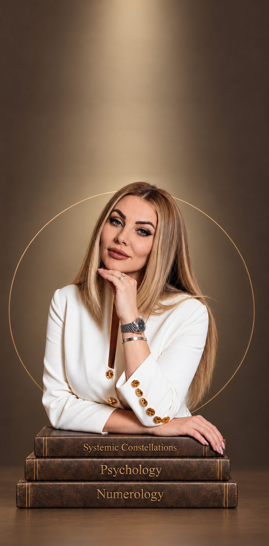 Julia Soley в белом жакете с коричневыми книгами на фоне тёплого золотистого света